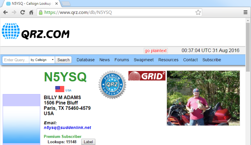 QRZ.com header for N5YSQ Billy Adams